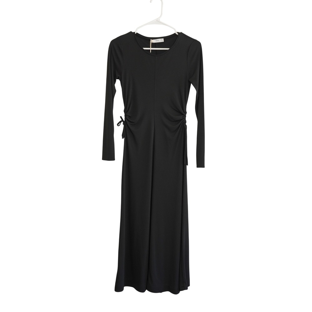 Mango MNG Black Long Sleeve Ruched Side Midi Dress‎ Womens Size XS NEW Chic Goth